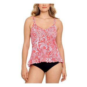 SWIM SOLUTIONS Women's Coral  Ruffled Hem Mix It Up Tankini Swimsuit Top 8